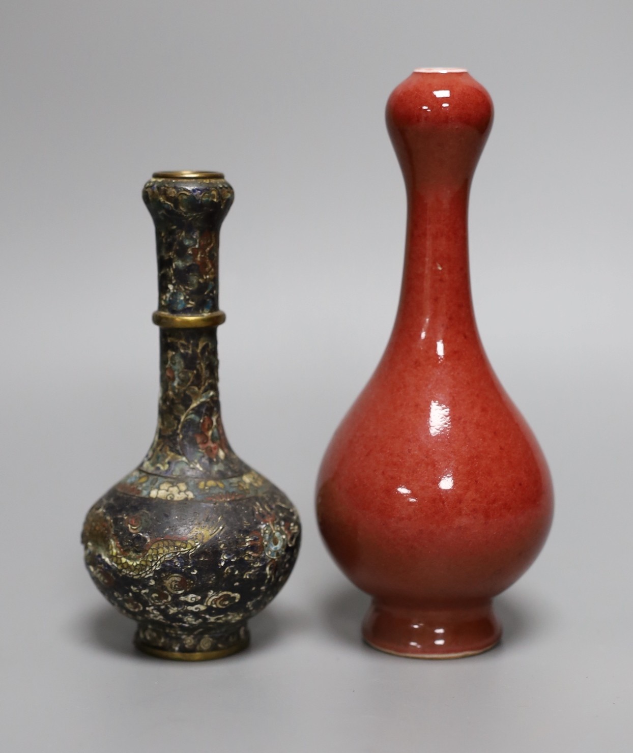 A Chinese Ming cloisonne vase and a red gourd vase, tallest 18cm tall